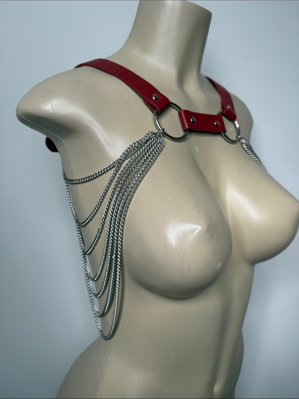 Red Leather and Silver Chain Shoulder Harness